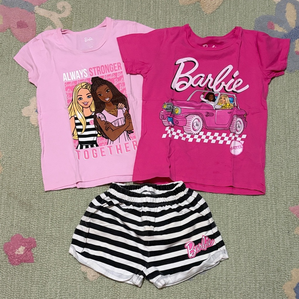Barbie Pink Tshirts & Black-White Striped Short Set